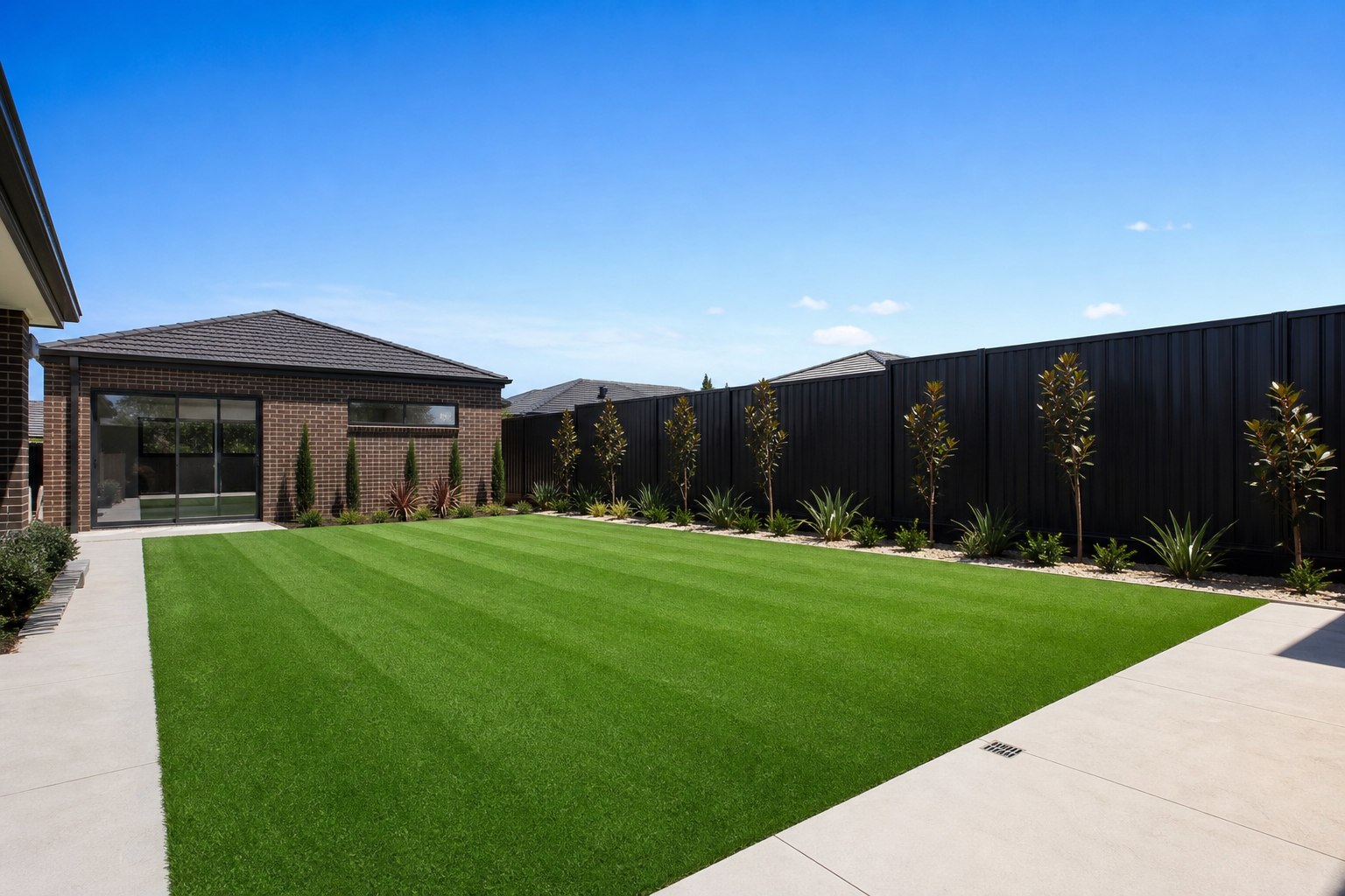 TifTuf Bermuda Grass lawn in a modern Melbourne backyard with mowing stripes